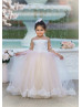 Long Sleeves Lace Tulle Pearl Buttons Back Dreamy Flower Girl Dress